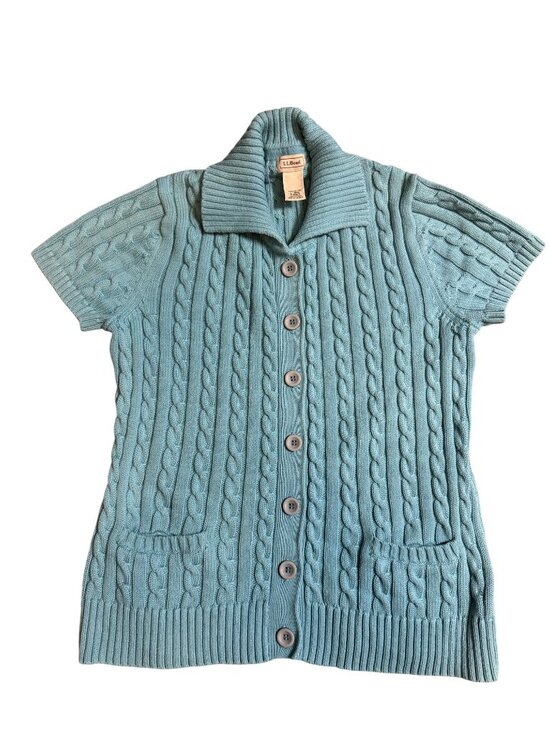 L.L.Bean Sweaters - L.L.Bean Blue Cable Knit Cardigan Sweater Short Sleeve Women’s L